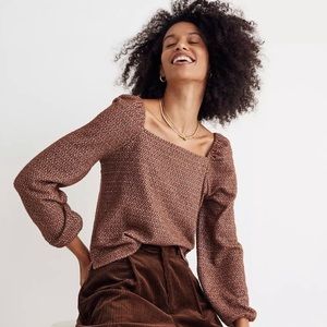 Madewell Brown and White Jacquard Puff-Sleeve Crop Top